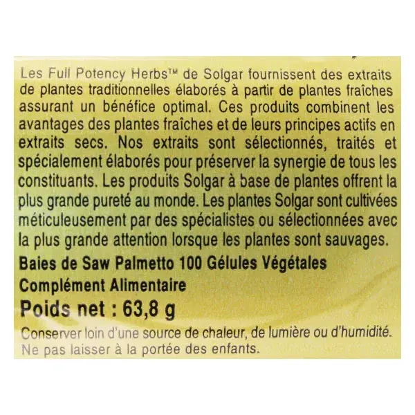 Solgar Saw Palmetto 100 gélules végétales