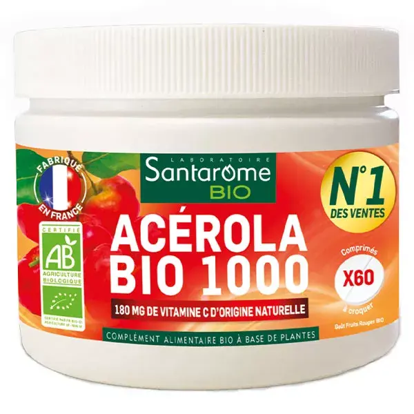 Santarome Bio - Acérola Bio 1000 - Vitamine C naturelle - 60 comprimés à croquer