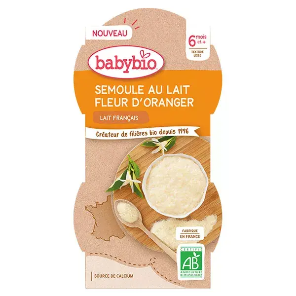 Babybio Desserts Lactés Bol Semoule au Lait Fleur d’Oranger +6m Bio Lot de 2 x 100g