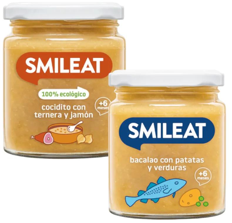 Smileat Jar +6m Cuisiné avec du Bœuf et du Jambon ECO 230 gr + Légumes, Pommes de Terre et Cabillaud ECO 230 gr