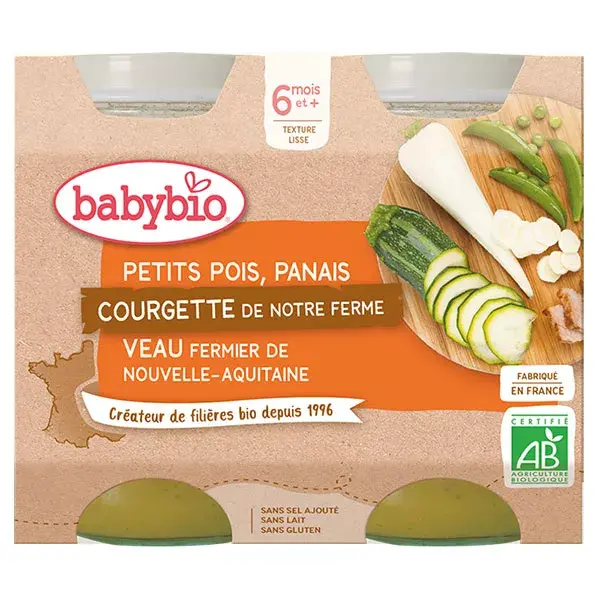 Babybio Dish of the Day Peas Parsnips Courgette & Veal from 6 months 2 x 200g