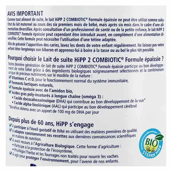 Lait Infantile HiPP Bio 2 Combiotic Épaissi - 800g Pour Bébés Dès 6 Mois