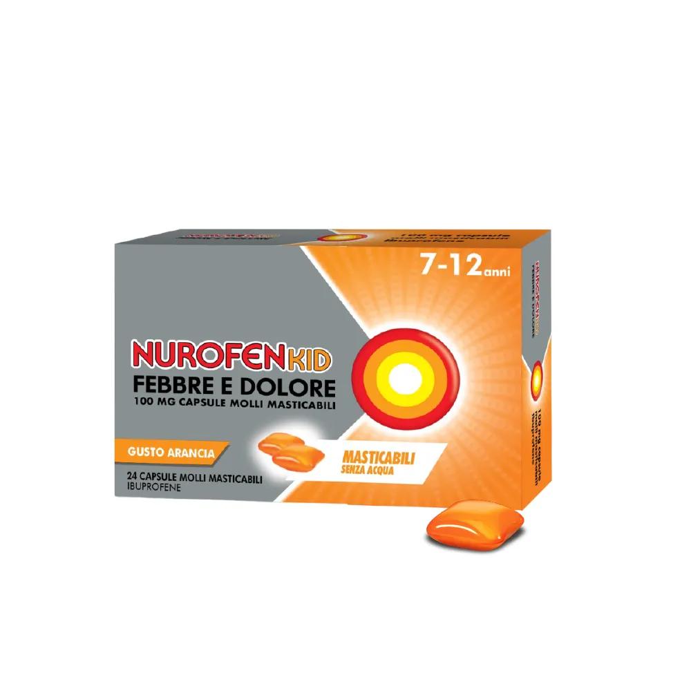 NurofenKid Febbre e Dolore 100 mg Ibuprofene 24 Capsule Molli Masticabili