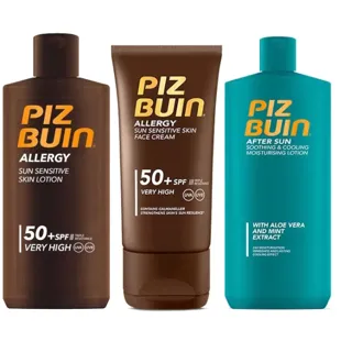 Piz Buin Loção Alergia FPS50 200 ml + Creme Facial FPS50 40 ml + Pós-sol 200 ml