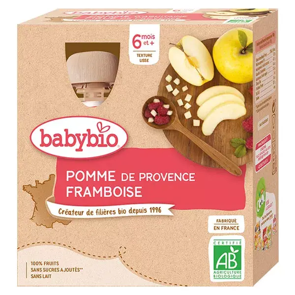 Babybio Mes Fruits Cantimplora de Manzana y Frambuesa a partir de 6 meses 4 x 90g