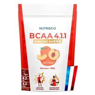 Nutri&Co BCAA 4.1.1 in polvere - Arricchito con EAA - Gusto pesca - 228 g vegano