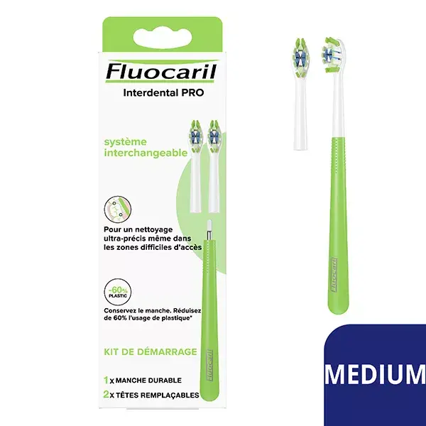 Fluocaril Brosse à Dents Interdental PRO Medium Kit 1 Manche Durable + 2 Têtes Remplaçables 