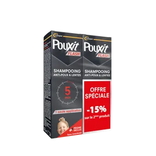 Pouxit Flash Shampoo Trattamento anti-pidocchi e lendini Agisce in 5 minuti Confezione da 2 x 100 ml