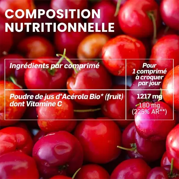 Santarome Bio - Acérola Bio 1000 - Vitamine C naturelle - 20 comprimés à croquer