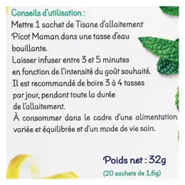 Picot Maman Tisane d'Allaitement Menthe Douce Saveur Citron Bio 20 sachets