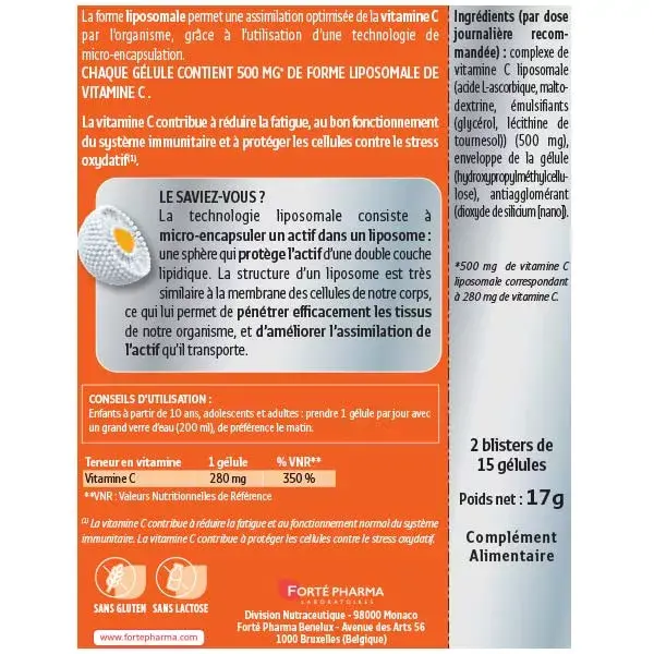 Forté Pharma Liposomal Vitamin C 500 mg Fatigue Immunity 15 vegetable capsules