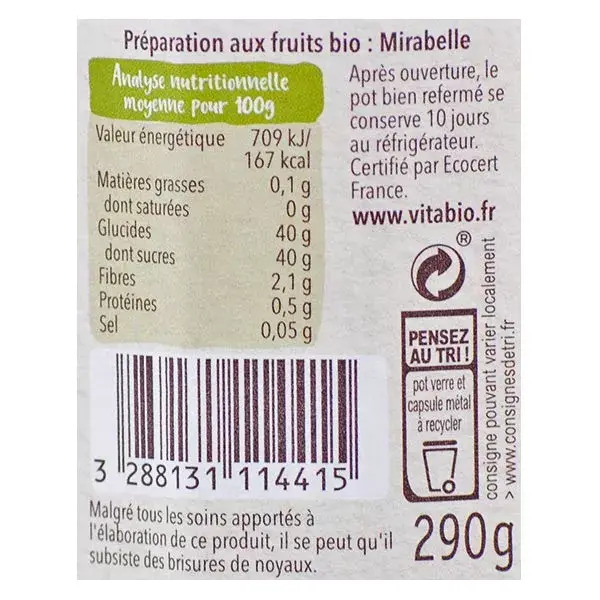 Vitabio Organic Mirabelle plum spread from Lorraine 290g