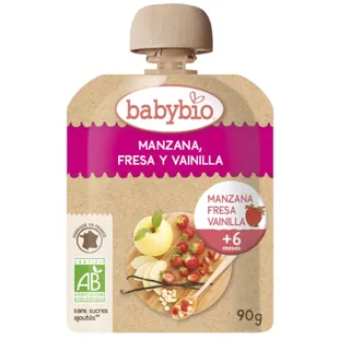 Babybio Pouch Manzana, Fresa y Vainilla +6m 90 gr