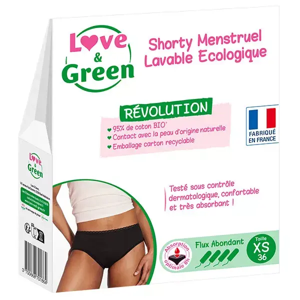 Love & Green Shorty Menstruel Lavable Ecologique Taille 36 Flux Abondant