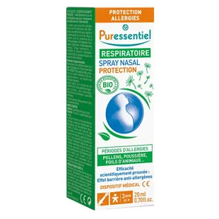 Spray decongestionante Puressentiel per allergie, confezione da 30 ml con oli essenziali biologici.