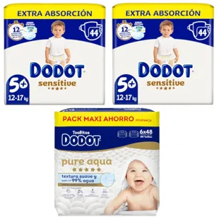 Dodot Sensitive Extra-Jumbo Diapers Pack T5 2x44 units + Aqua Touch Wipes 288 units
