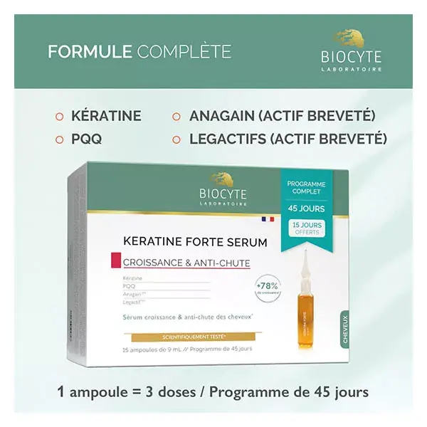 Biocyte Pack Kératine Forte Serum  Anti-chute 15 Ampoules de 9 ml 45 jours