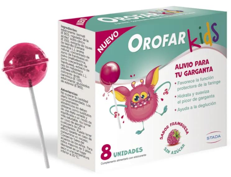 Sucettes OROFAR pour le soulagement de la gorge des enfants de 3 ans et plus, framboise, 8 unités