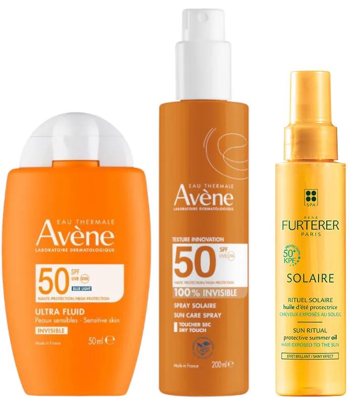 Avène Ultra Fluide Invisible SPF50 50 ml + Spray 200 ml + Huile Solaire René Furterer KPF50+ 100 ml