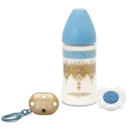 Suavinex Pack Couture Ethnic Biberon 270ml + Sucette 0-4m + Attache Sucette Bleu