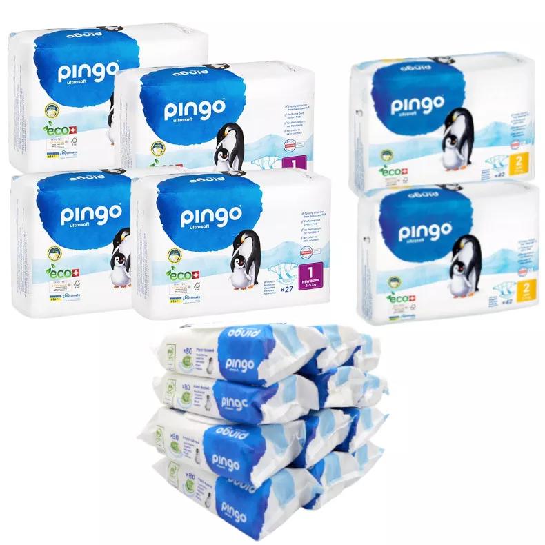 Pack Fraldas Pingo 1m T1 4x27 + Fraldas T2 2x42 uni + Toalhitas 12x80 uni