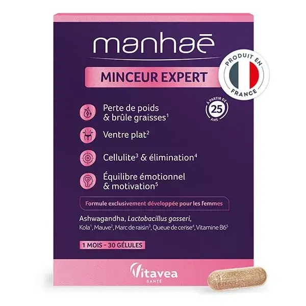 Manhaé Minceur Expert Perte de Poids, Brûle Graisse, Ventre Plat, Cellulite 30 Gélules