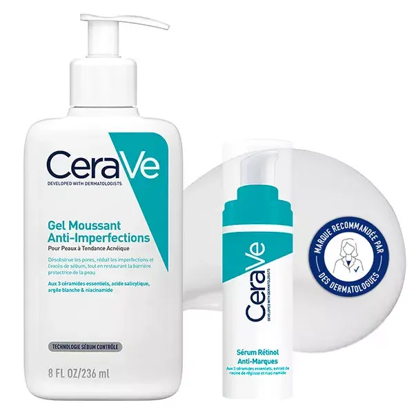 Cerave Routine Visage Anti-Marques Gel Moussant Anti-Imperfections 236ml & Serum Rétinol 30ml