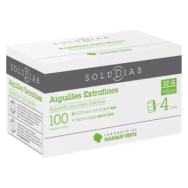 Marque Verte Soludiab Aiguille Ultrafine pour Stylo Injecteur d'Insuline 4mm 32G 100 unités