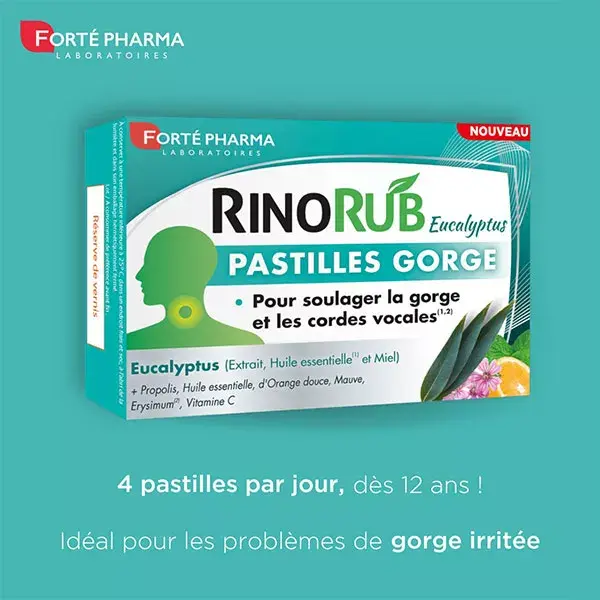 Forté Pharma RinoRub Pastilles Gorge Toux Eucalyptus Menthe Poivrée 20 comprimés