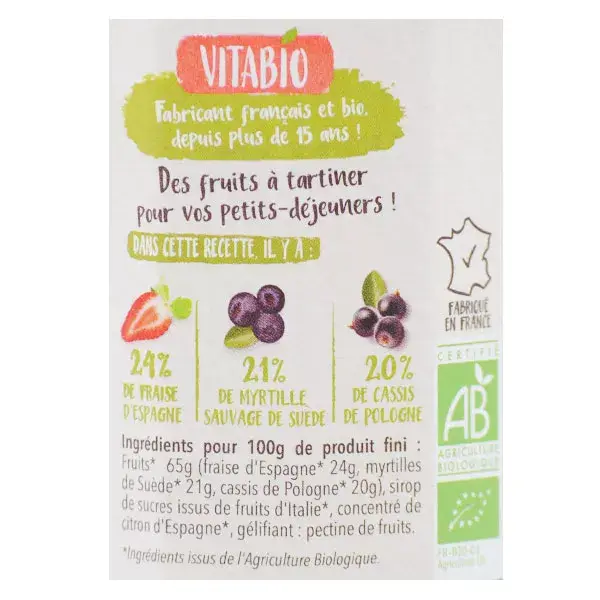 Vitabio Fruits à Tartiner Fraise Myrtille Cassis Bio 290g