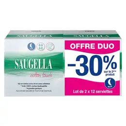 Saugella Cotton Touch Serviette Extra Fine avec Ailette Nuit Lot de 2 x 12 protections