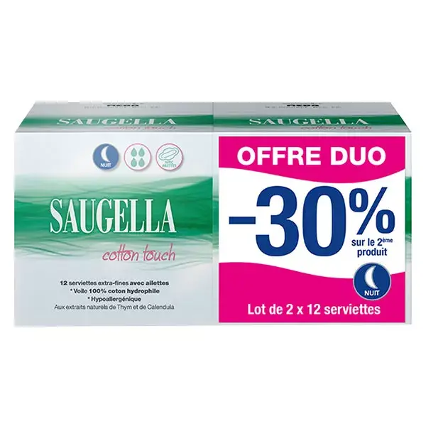 Saugella Cotton Touch Serviette Extra Fine avec Ailette Nuit Lot de 2 x 12 protections