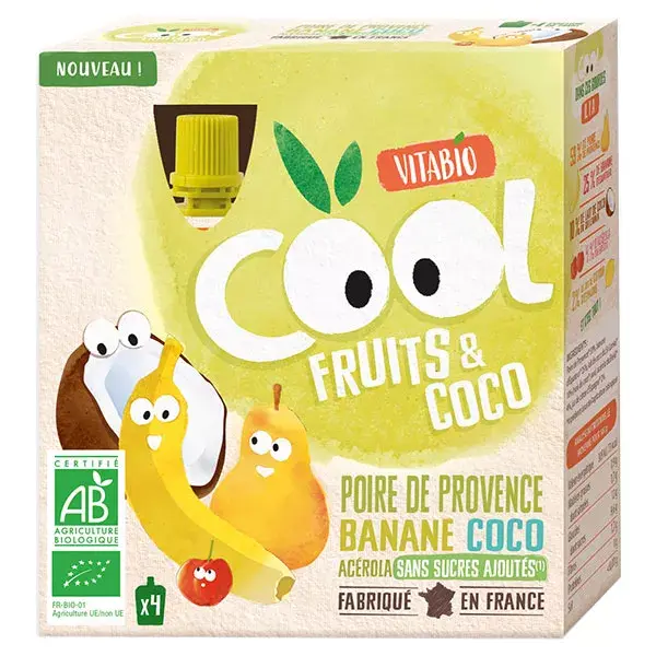 Vitabio Cool Fruits Gourdes Poire Banane Lait de Coco Bio de 4 x 85g