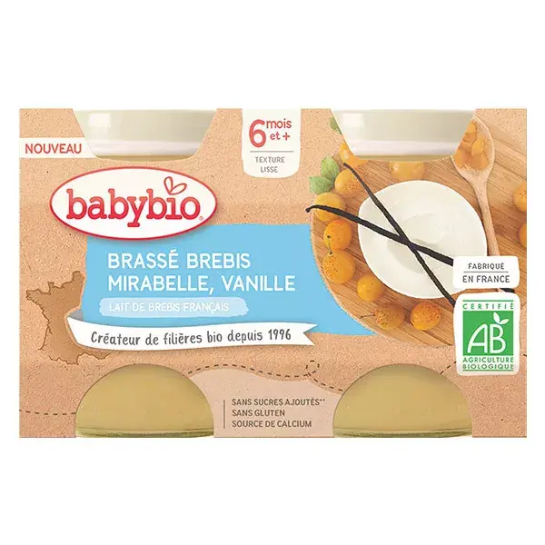 Babybio Desserts Lactés Pot Brassé au Lait de Brebis Mirabelle Vanille +6m Bio 2 x 130g