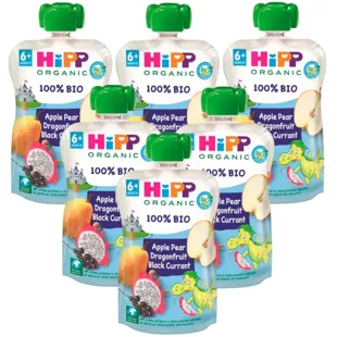 HiPP Pouches Dragón con Manzana, Pera y Grosella BIO +6m 6x100 gr
