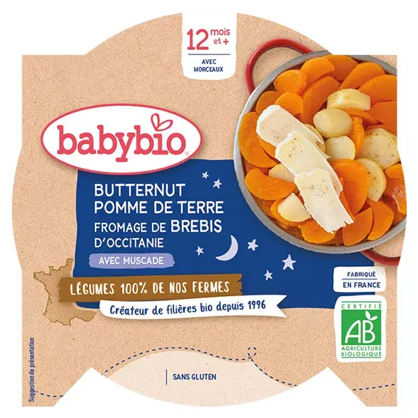 Babybio Repas Soir Assiette Butternut Pomme de Terre Fromage de Brebis +12m Bio 230g