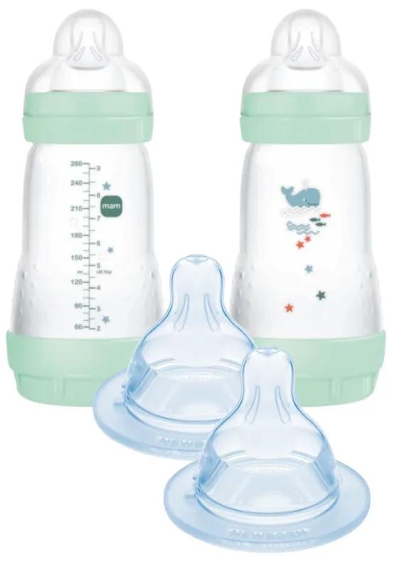 MAM Easy Start Anti-Kolik-Flasche Mittlerer Durchfluss Hellblau 2-4m 2x260 ml + Sauger 0 Extra Langsamer Durchfluss 0m 2 Stück