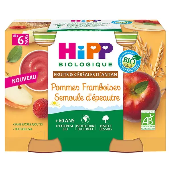 Hipp Fruits et Céréales Pommes Framboises Semoule d'Epeautre +6m Pot 2 x 190g
