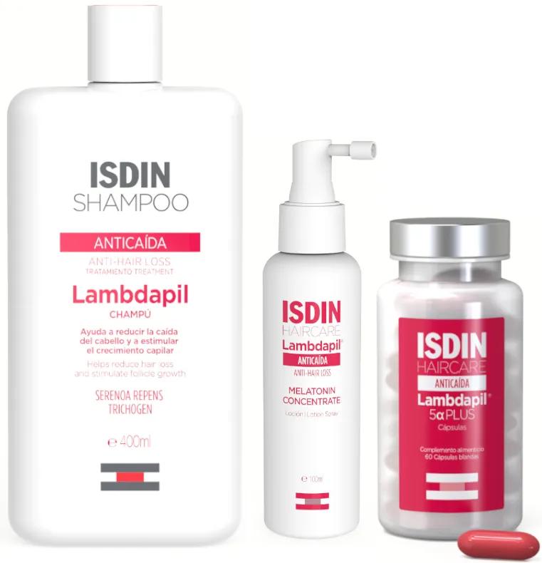 Isdin Lambdapil 5 Alfa Plus 60 Gélules + Lambdapil Shampoing Anti-Chute 400 ml + Lambdapil Lotion Anti-Chute Mélatonine 100 ml