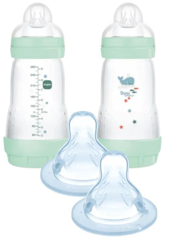 MAM Easy Start Anti-Kolik-Flasche Medium Flow Bright Blue 2-4m 2x260 ml + Sauger 3 Fast Flow +4m 2 Stück
