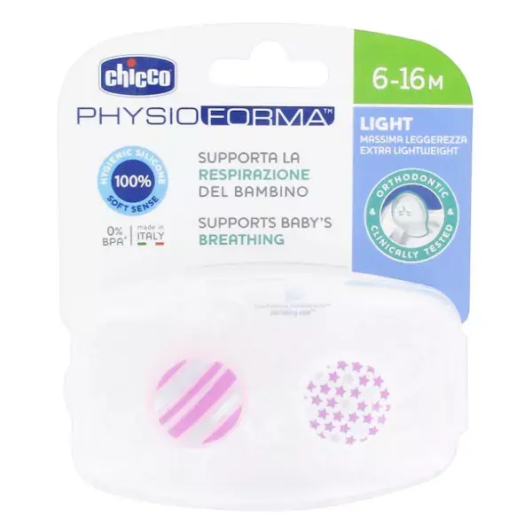 Chicco Sucette Physio Light Silicone Rose Hibou Etoiles 6-16m 2 unités