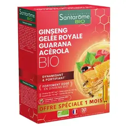 Santarome Bio Ginseng Gelée Royale Guarana Acérola Bio - Vitalité - 30 ampoules