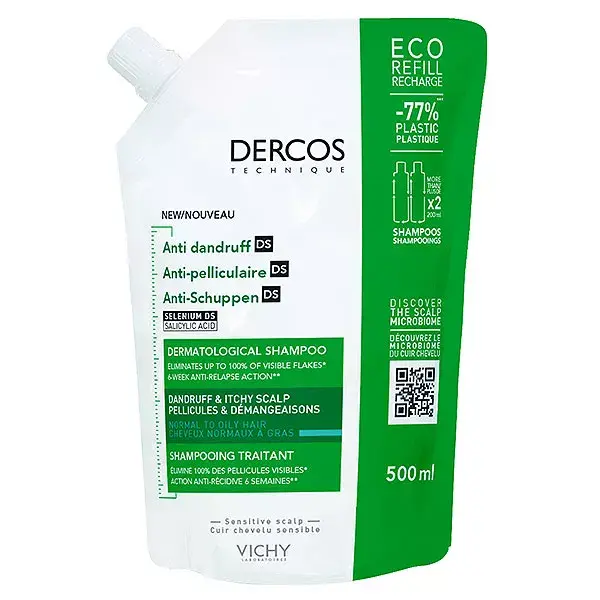 Vichy Dercos Technique Éco-Recharge Antipelliculaire DS Shampooing Traitant Pellicules & Démangeaisons Cheveux Normaux à Gras 500ml