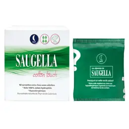 Saugella Cotton Touch Serviette Extra Fine avec Ailette Nuit 12 protections