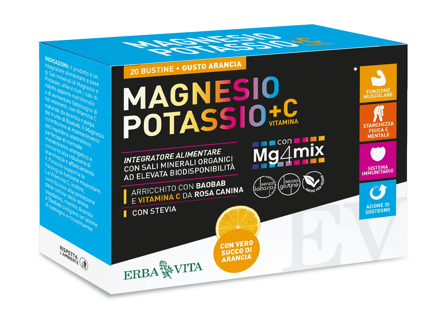 Erba Vita Magnesio e Potassio + Vitamina C Integratore Gusto Arancio 20 Bustine