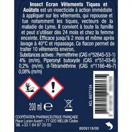 Insect Ecran Vêtements Spray Insecticide Anti-Tiques et Aoutats 200ml