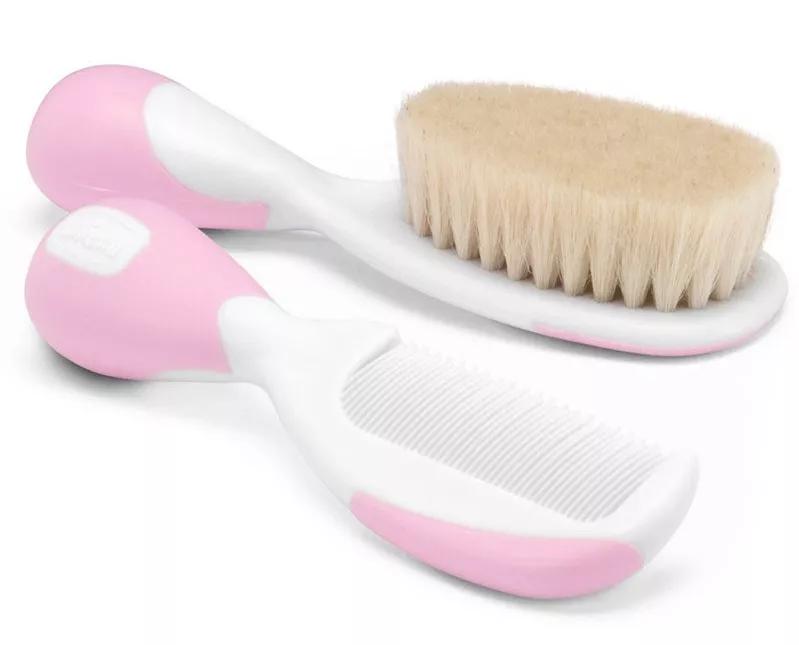 Chicco Borstel met natuurlijke haren en roze kam 0m +