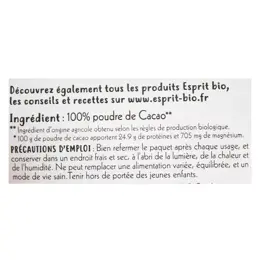 Esprit Bio Poudres et Graines Cacao Cru en Poudre Bio 150g