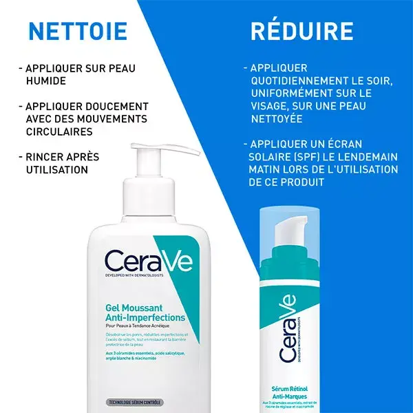 Cerave Routine Visage Anti-Marques Gel Moussant Anti-Imperfections 236ml & Serum Rétinol 30ml