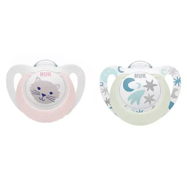 Nuk Pacifier Starlight Silicone +0m Cat Pink Stars Pack of 2